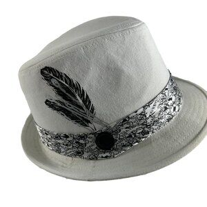 Disney Alice in Wonderland Fedora Hat White Black Feather Graphic Button Detail
